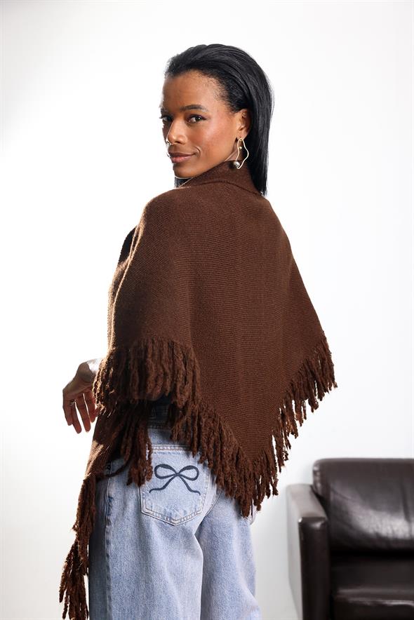 Kahverengi Püsküllü Üçgen Atkı 16004