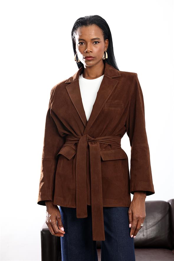 Kahverengi Süet Kemerli Ceket 0561