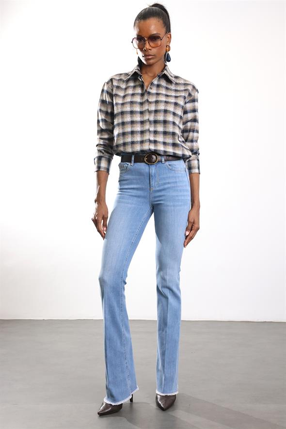 Kahverengi Taş İşlemeli Kareli Gömlek 2688