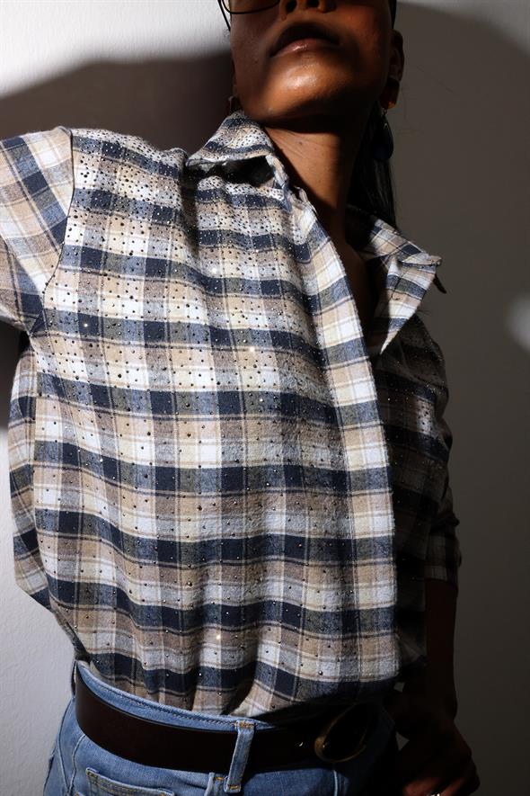 Kahverengi Taş İşlemeli Kareli Gömlek 2688