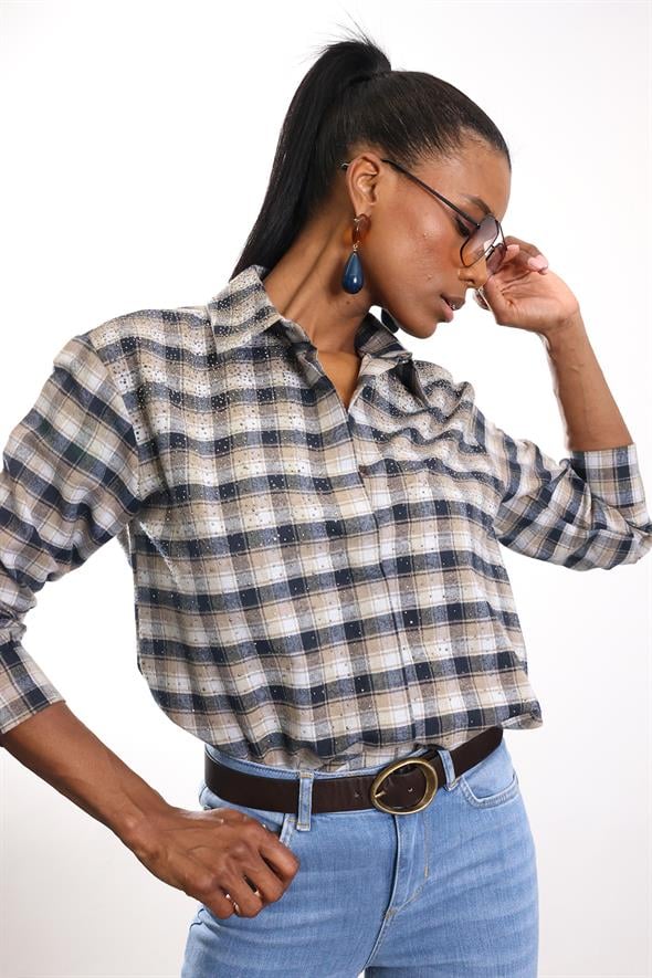 Kahverengi Taş İşlemeli Kareli Gömlek 2688