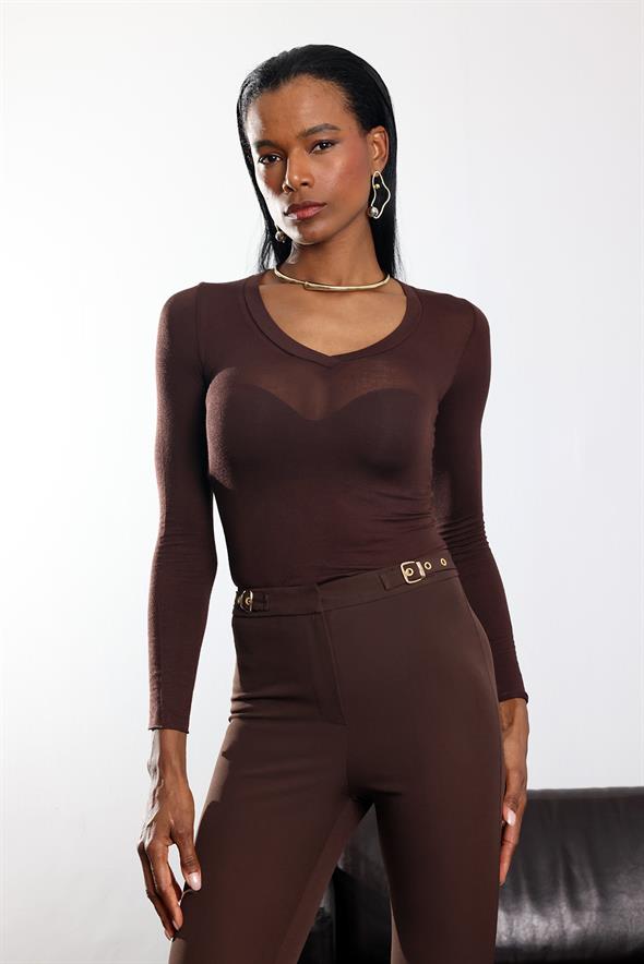 Kahverengi V Yaka Transparan Bluz 17374