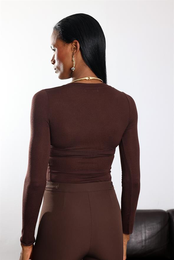 Kahverengi V Yaka Transparan Bluz 17374