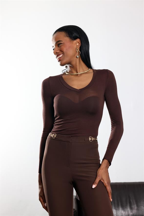 Kahverengi V Yaka Transparan Bluz 17374