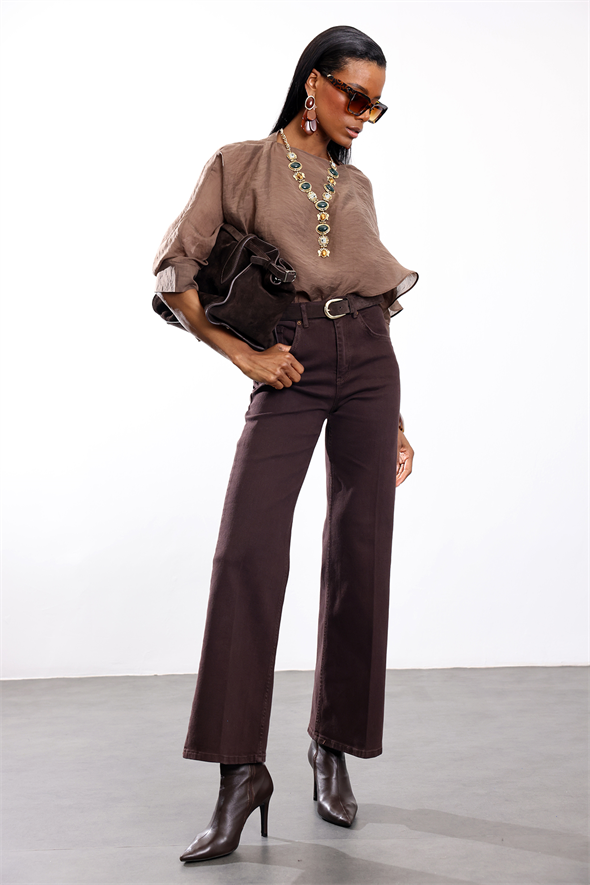 Kahverengi Yüksek Bel Wide Leg Jean 