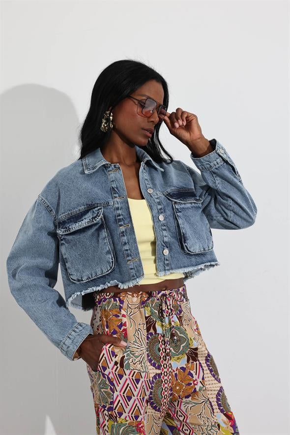 Kar Yıkamalı Crop Denim Ceket 