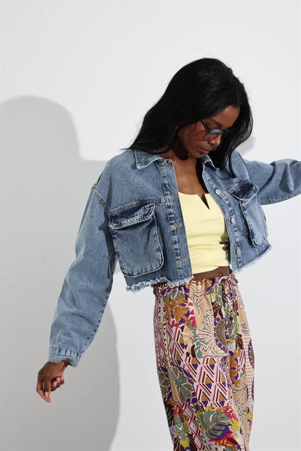 Kar Yıkamalı Crop Denim Ceket 