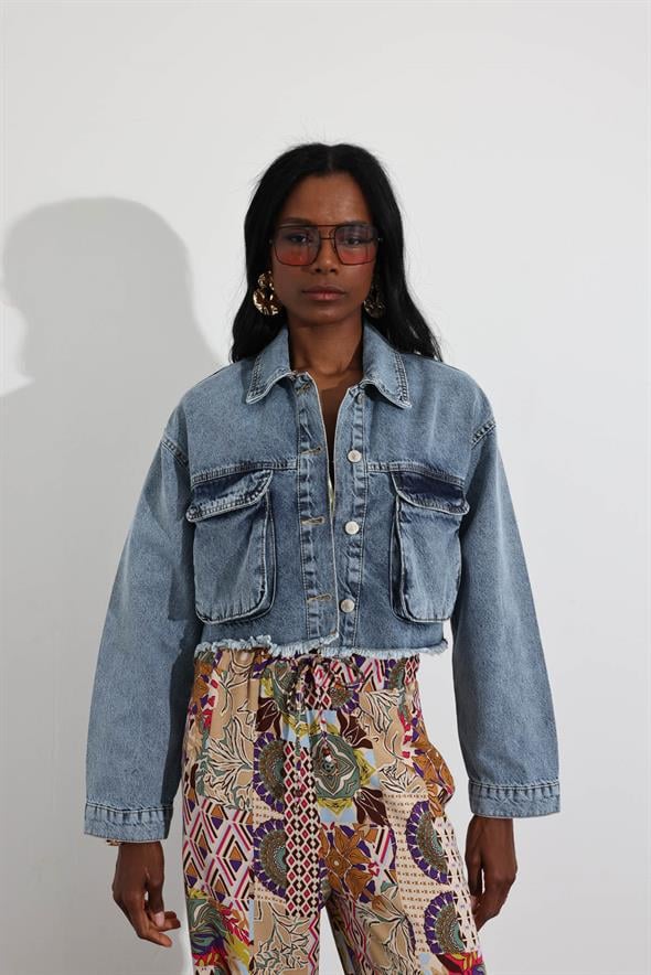 Kar Yıkamalı Crop Denim Ceket 