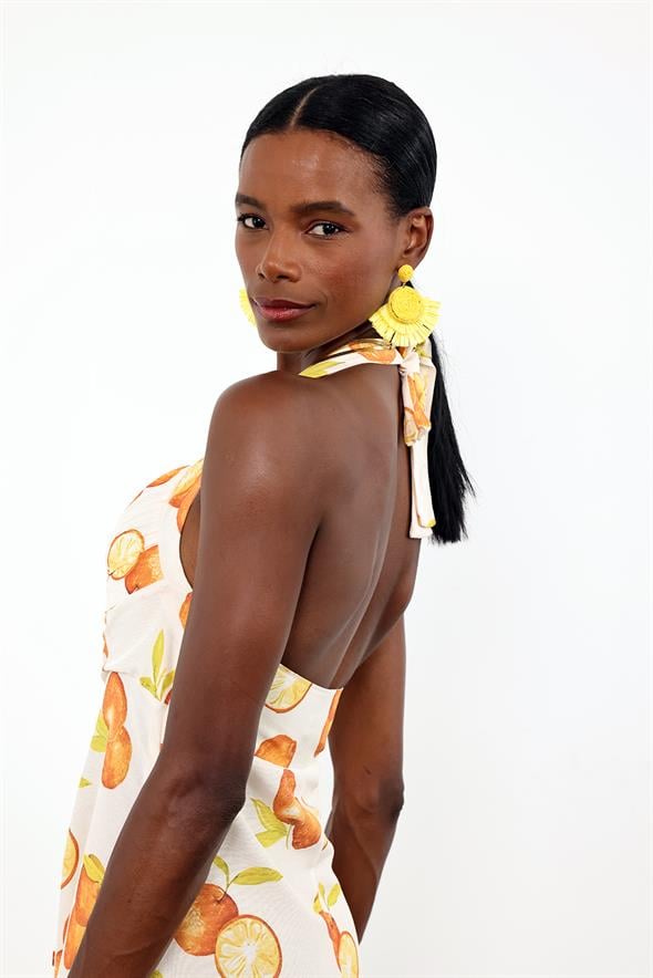 Kemik Önü Düğmeli Portakal Desenli Elbise 0515