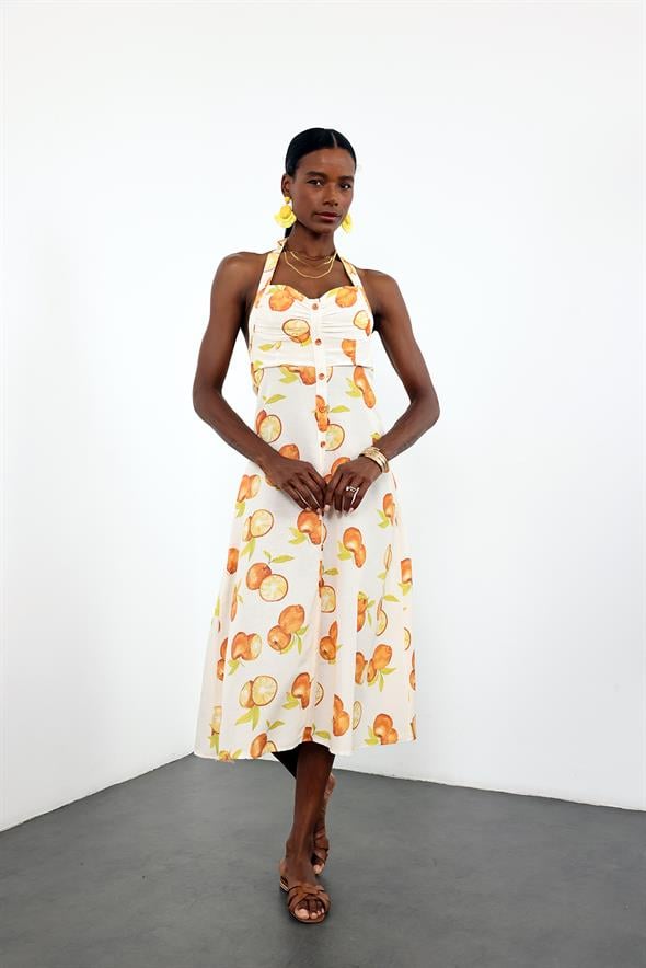 Kemik Önü Düğmeli Portakal Desenli Elbise 0515