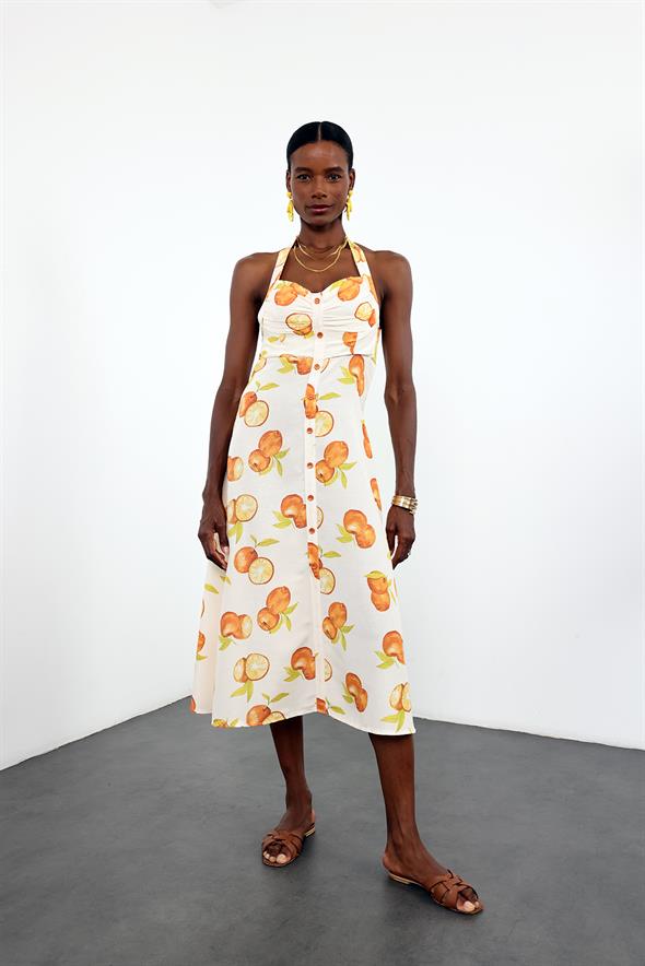 Kemik Önü Düğmeli Portakal Desenli Elbise 0515