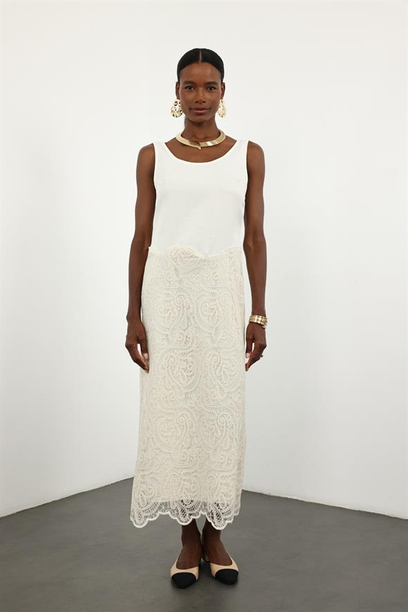 Kemik Sıfır Kol Dantel Detaylı Elbise 36592