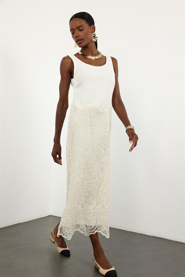 Kemik Sıfır Kol Dantel Detaylı Elbise 36592