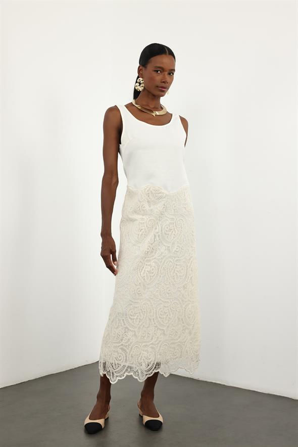 Kemik Sıfır Kol Dantel Detaylı Elbise 36592