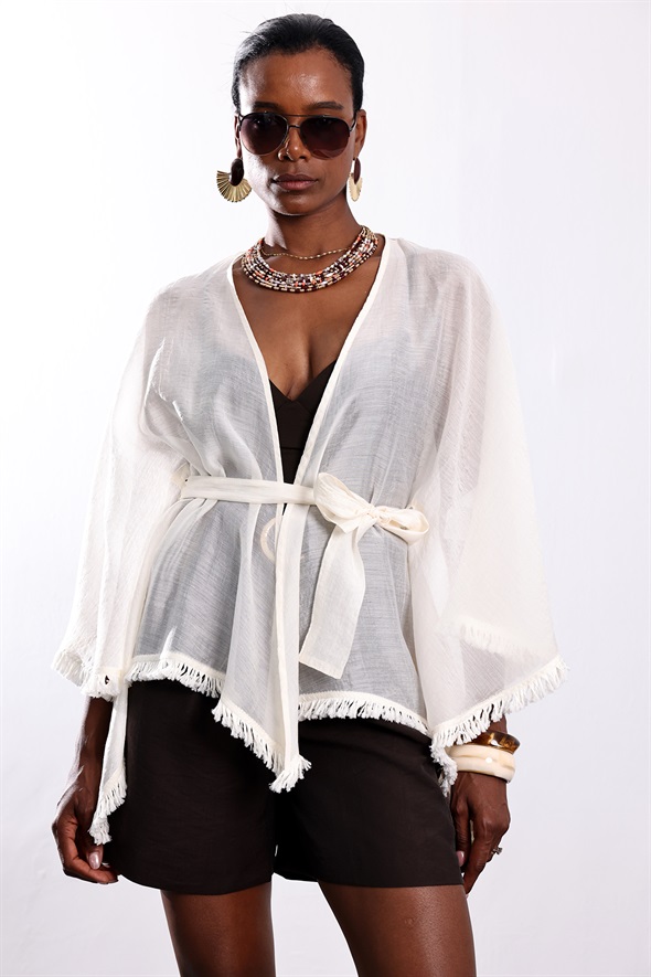 Kırık Beyaz Kuşaklı Püsküllü Kimono 5101