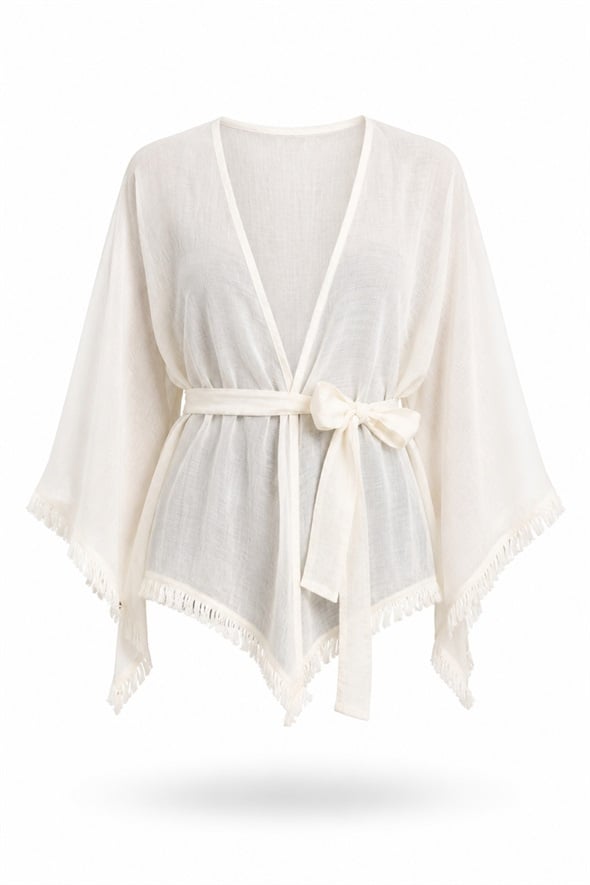 Kırık Beyaz Kuşaklı Püsküllü Kimono 5101