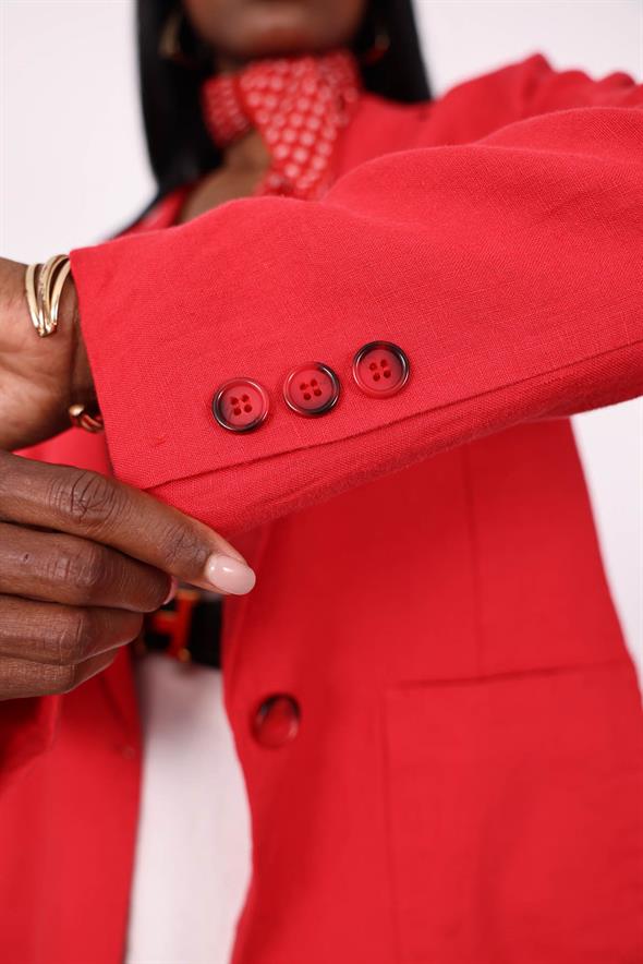 Kırmızı %100 Ham Keten Ceket 