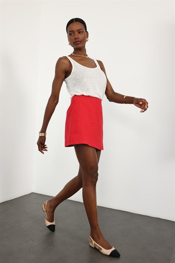 Kırmızı %100 Keten Mini Etek 