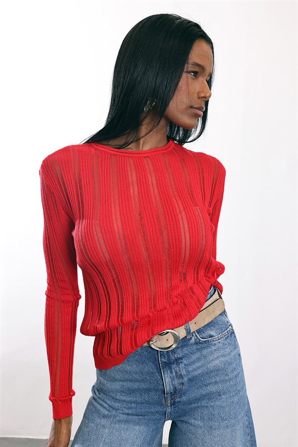 Kırmızı Bisiklet Yaka Transparan Triko 251327