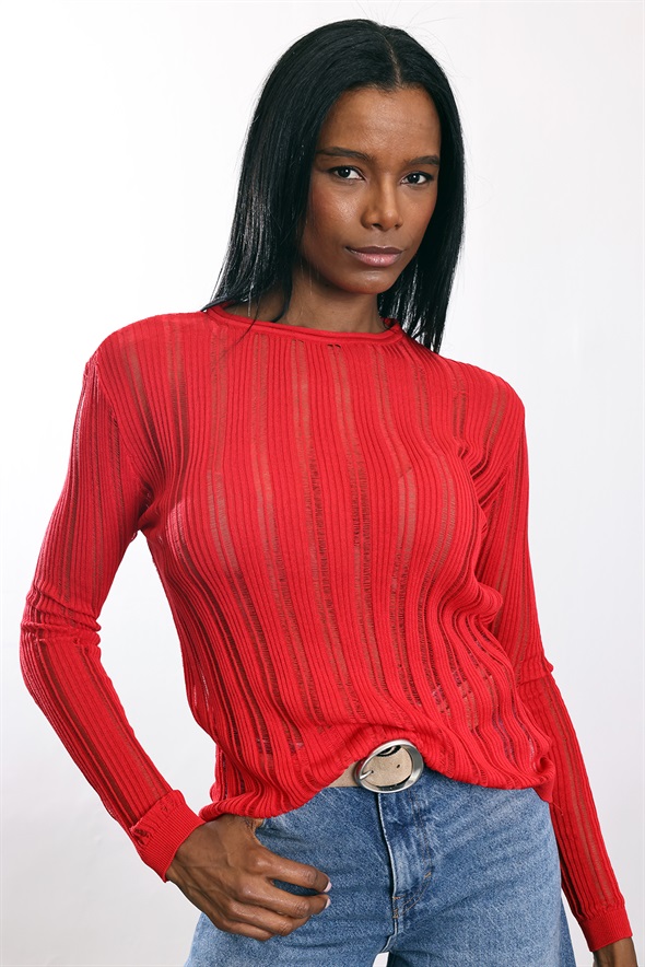 Kırmızı Bisiklet Yaka Transparan Triko 251327