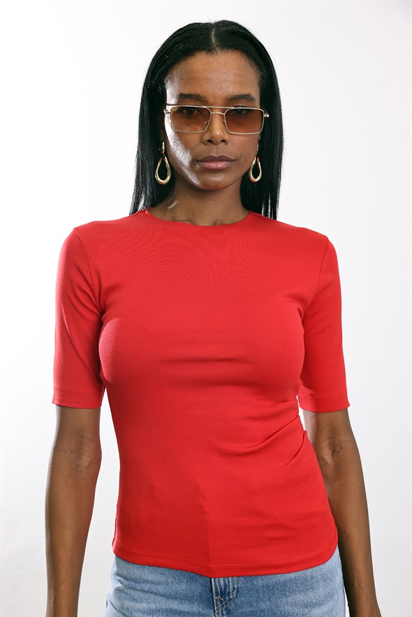 Kırmızı Drape Detaylı Tişört 17190
