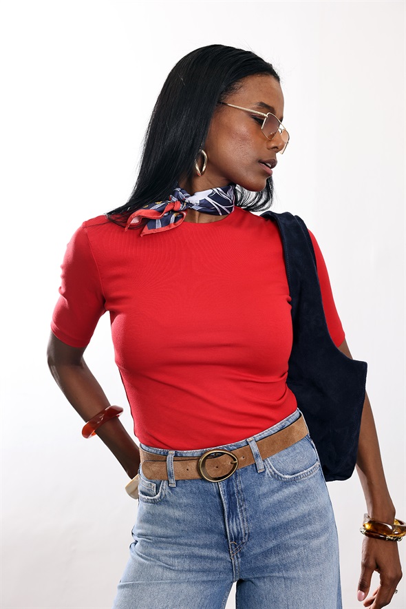 Kırmızı Drape Detaylı Tişört 17190