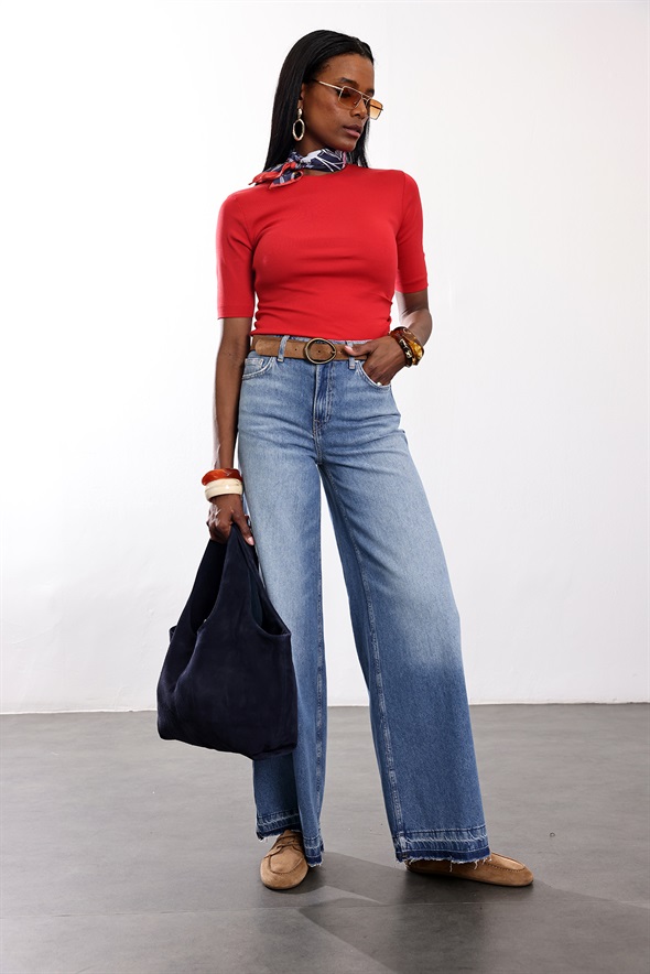 Kırmızı Drape Detaylı Tişört 17190