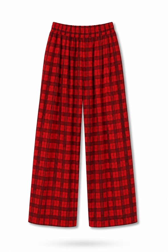 Kırmızı Ekose Desenli Barrel Pantolon 7973