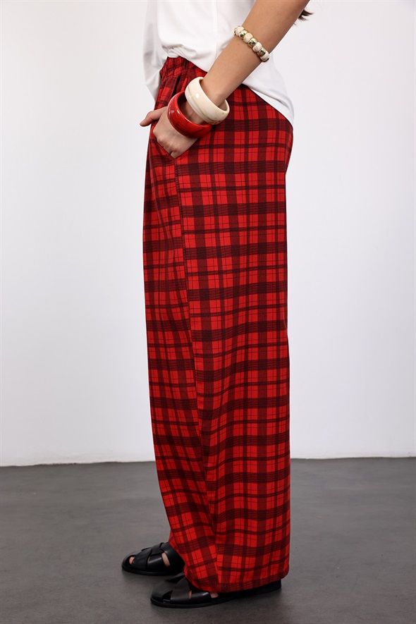 Kırmızı Ekose Desenli Barrel Pantolon 7973