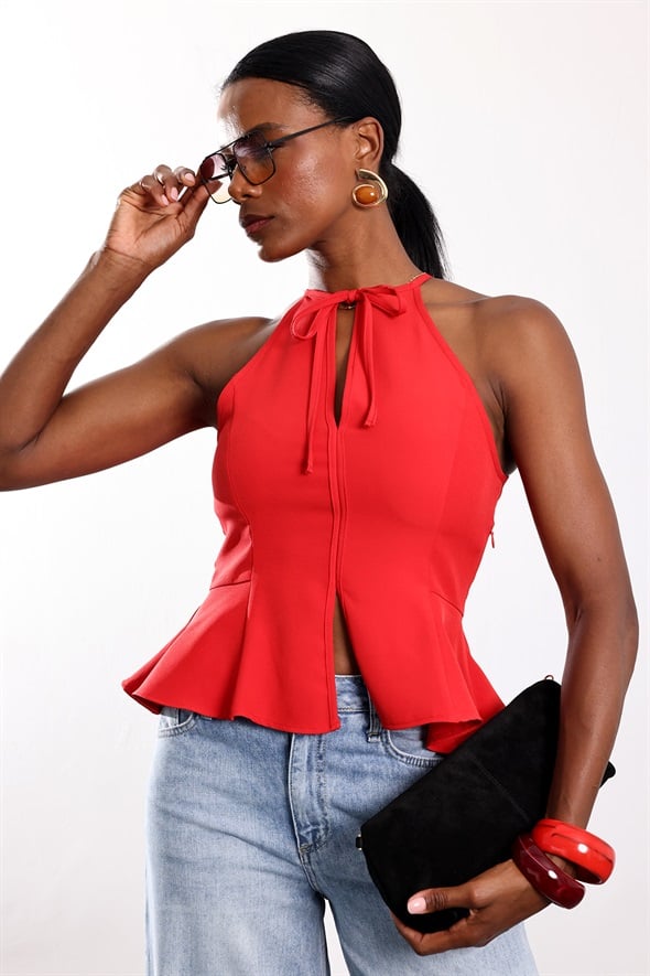Kırmızı Halter Yaka Peplum Bluz 17767
