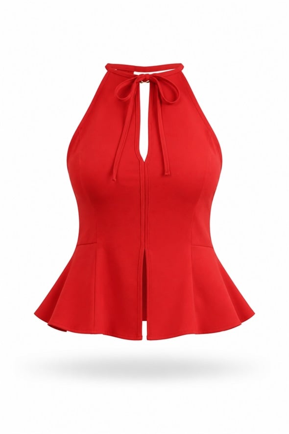 Kırmızı Halter Yaka Peplum Bluz 17767