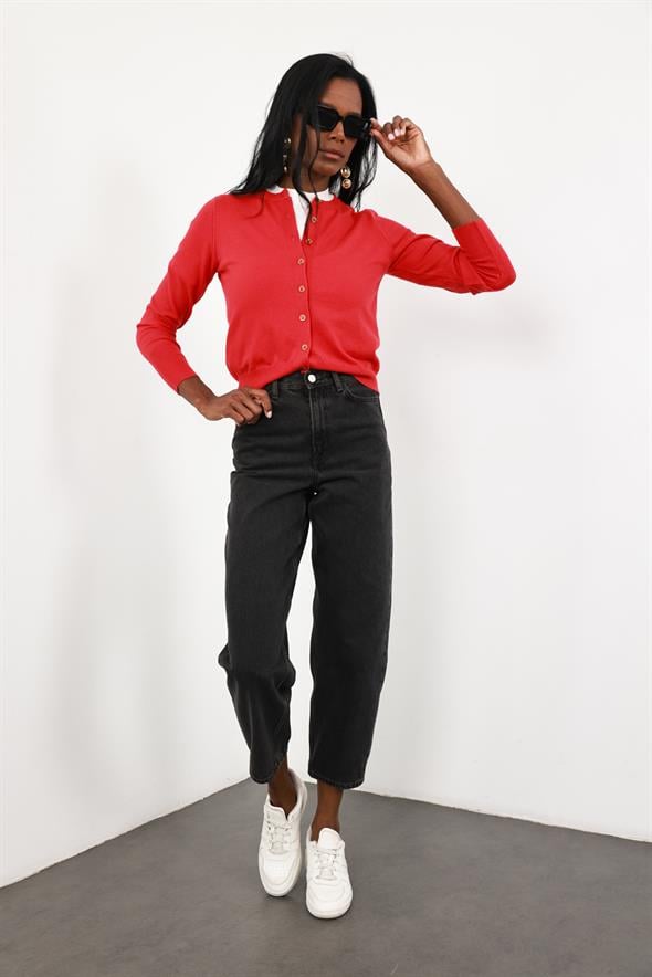 Kırmızı Kemik Düğmeli Lyocell İplik Hırka 