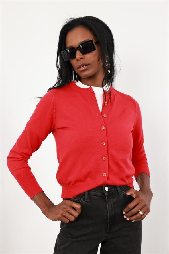 Kırmızı Kemik Düğmeli Lyocell İplik Hırka 