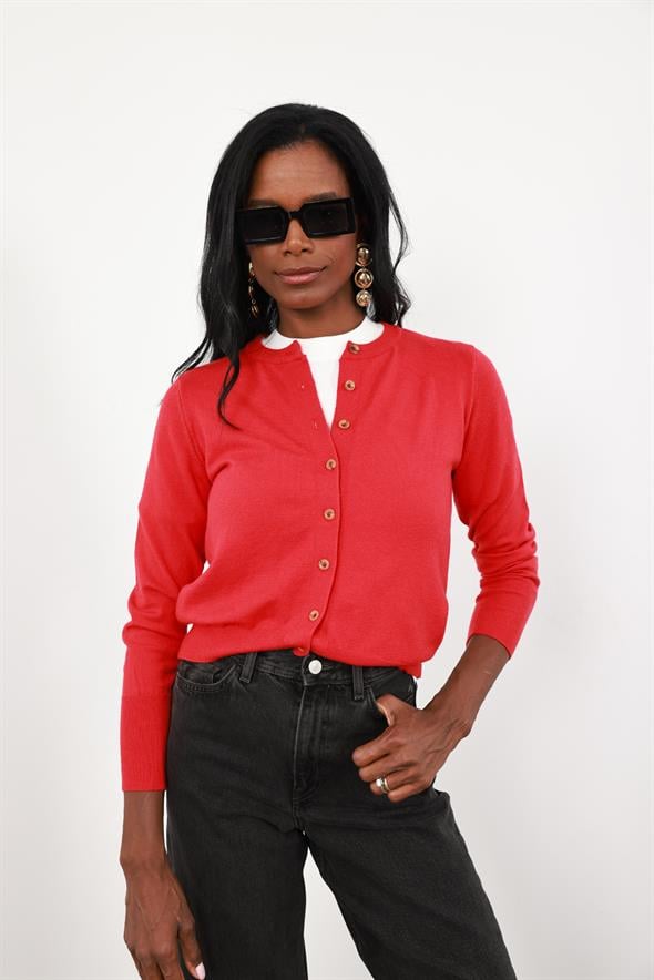 Kırmızı Kemik Düğmeli Lyocell İplik Hırka 