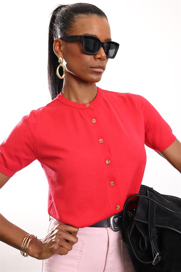 Kırmızı Kısa Kollu Triko Hırka 