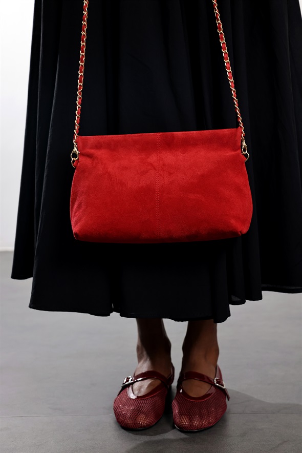Kırmızı Nice Süet Askılı Clutch Çanta 7990