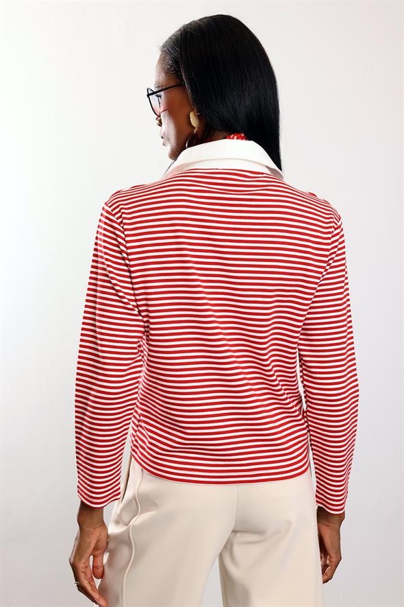 Kırmızı Polo Yaka Çizgili Uzun Kol Sweatshirt 