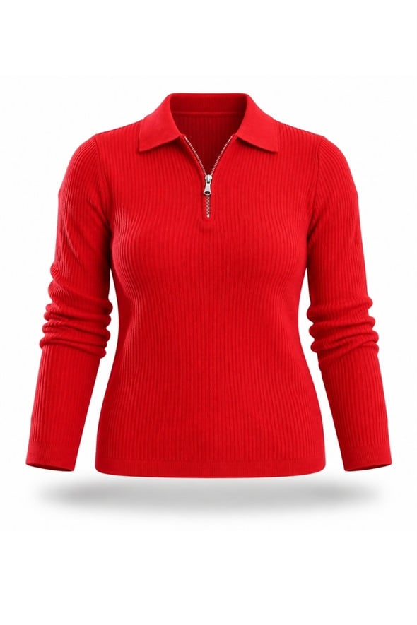 Kırmızı Polo Yaka Fermuarlı Fitilli Triko 5668