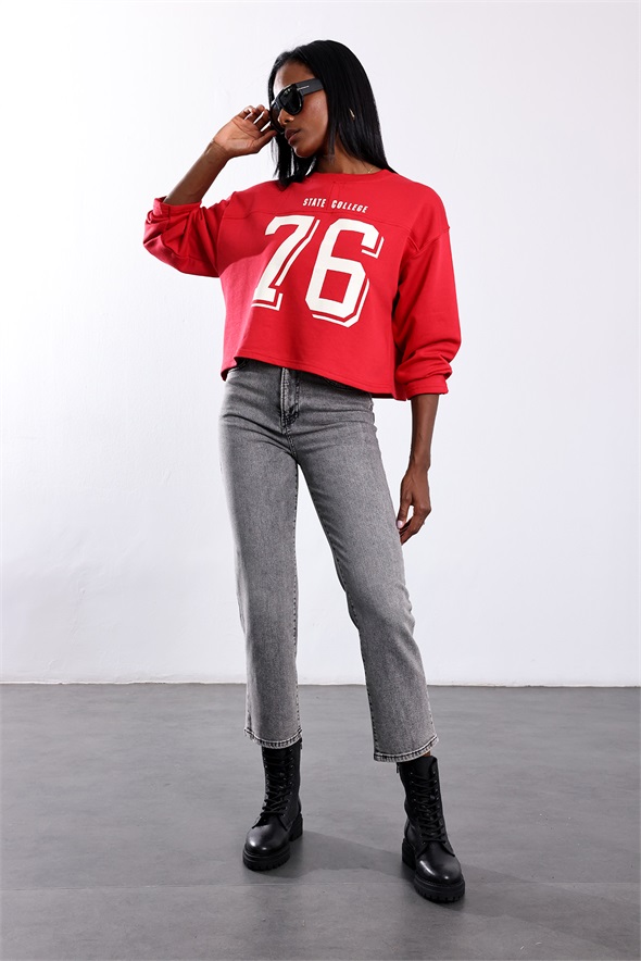 Kırmızı State Collage 76 Baskılı Sweatshirt 48023