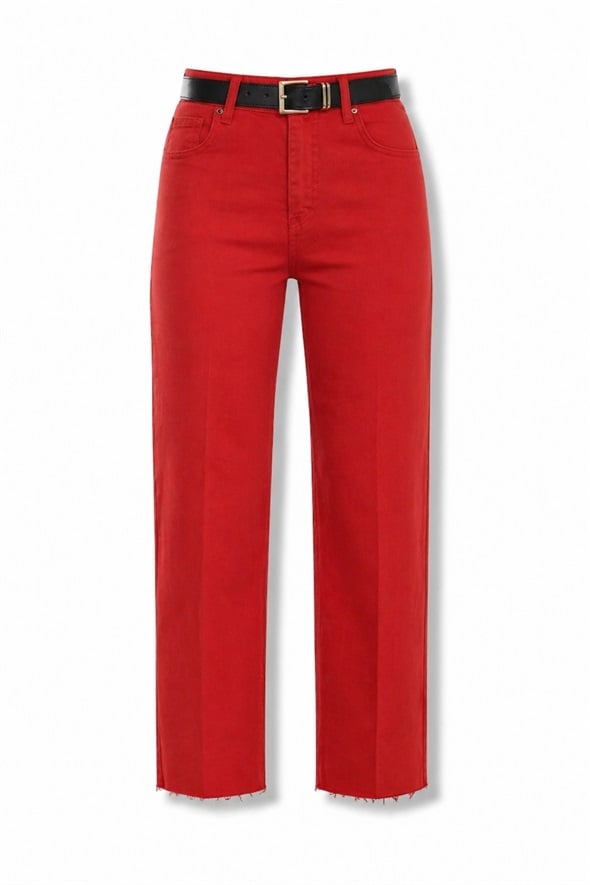 Kırmızı Yüksek Bel Kemerli Boyfit Jean 2004