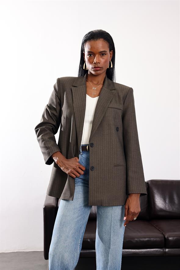 Koyu Haki Düğmeli Oversize Ceket 17255