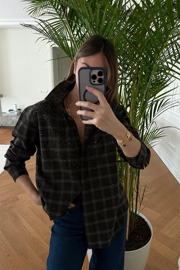 Koyu Haki Taş Detaylı Kareli Gömlek 