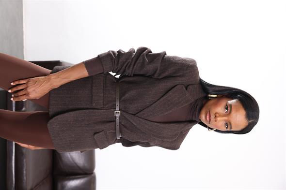 Koyu Kahverengi Kemerli Blazer Yün Ceket 9634