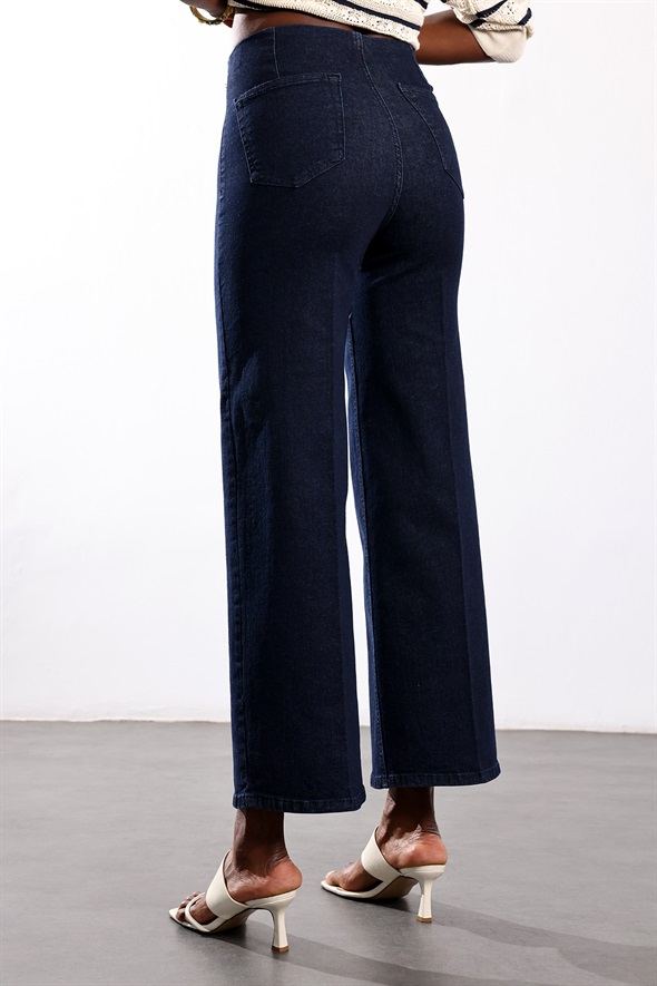 Koyu Lacivert Beli Lastikli Düz Kesim Jean 761