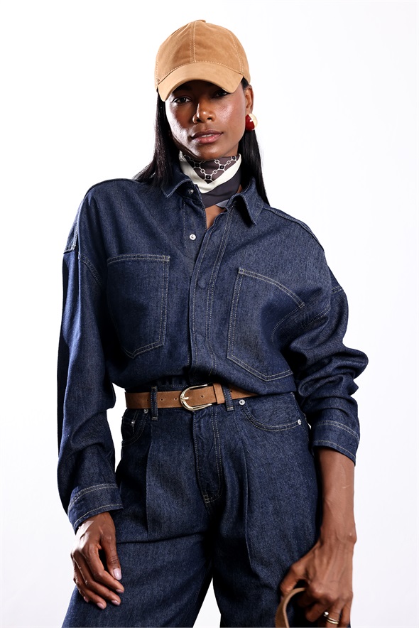 Koyu Lacivert Cepli Denim Gömlek 