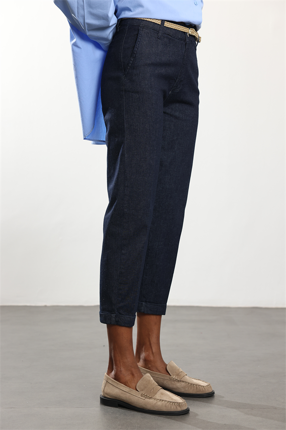 Koyu Lacivert Kemerli Duble Paça Jean 01109