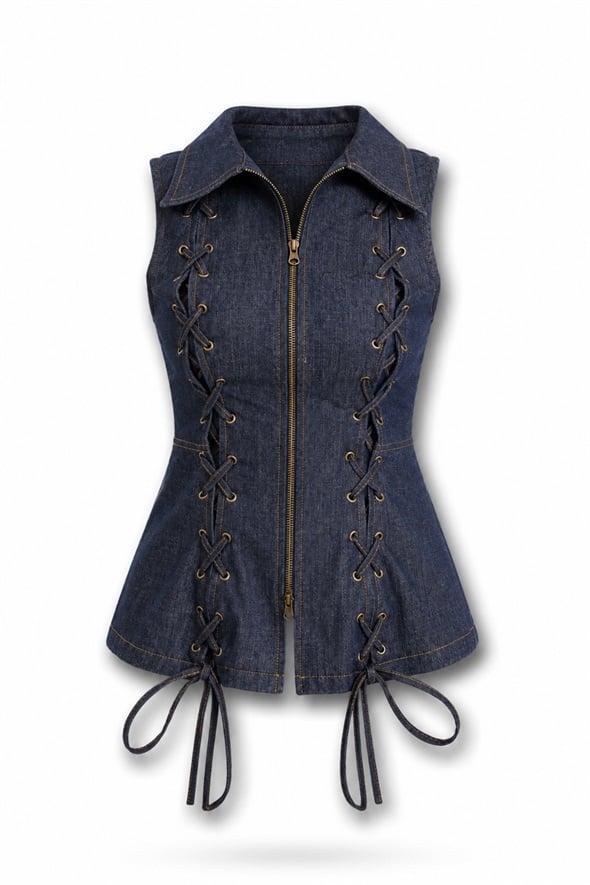 Koyu Lacivert Kuş Gözü Detaylı Denim Yelek 37517