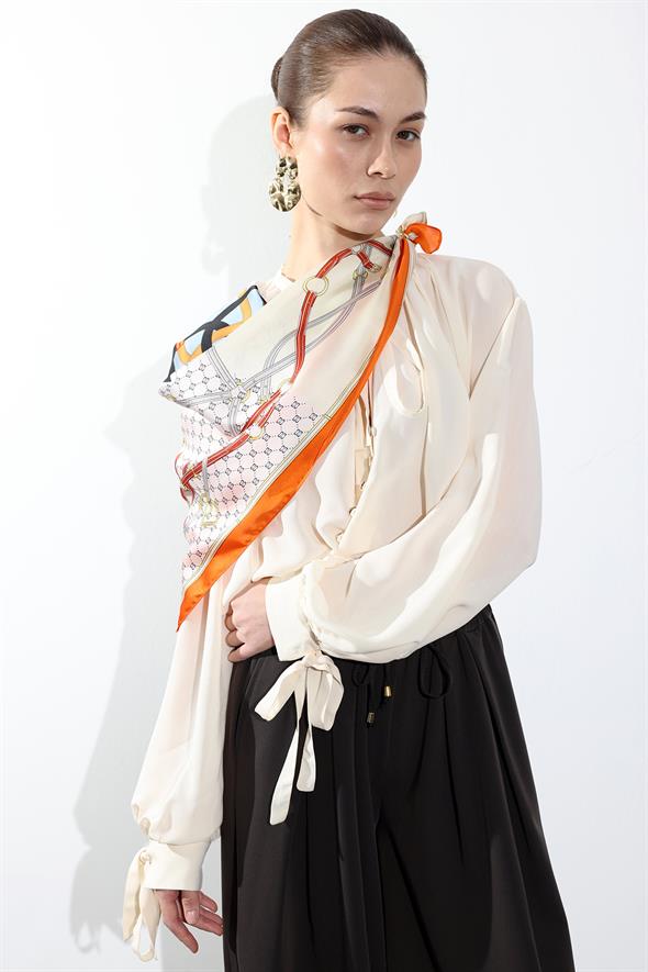 Krem Bağlama Detaylı Şifon Gömlek 4988