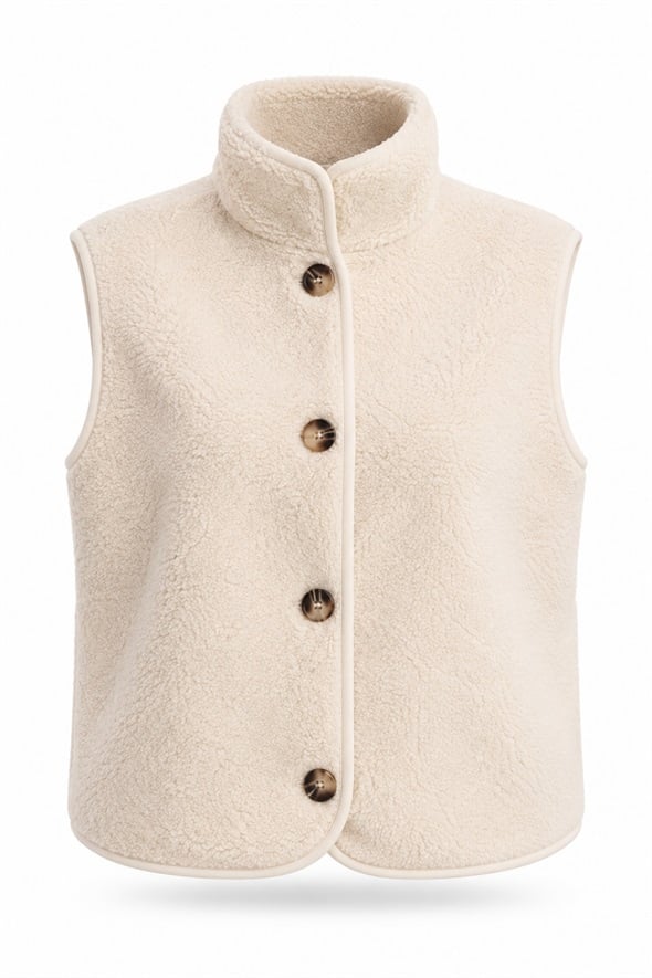 Krem Dik Yaka Peluş Yelek 23241