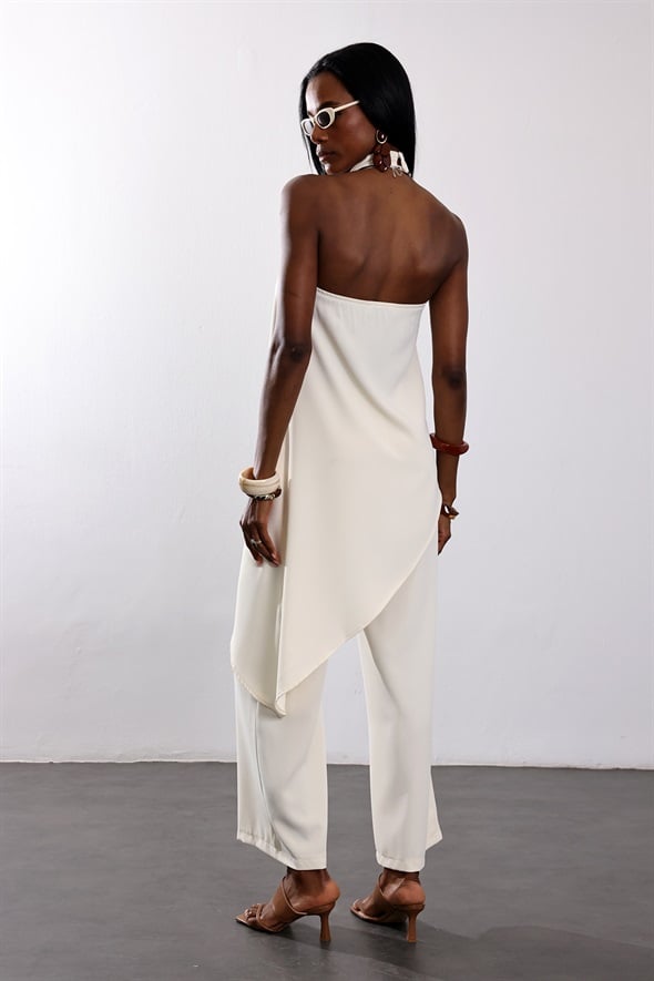 Krem Halter Yaka Asimetrik Bluz 18405